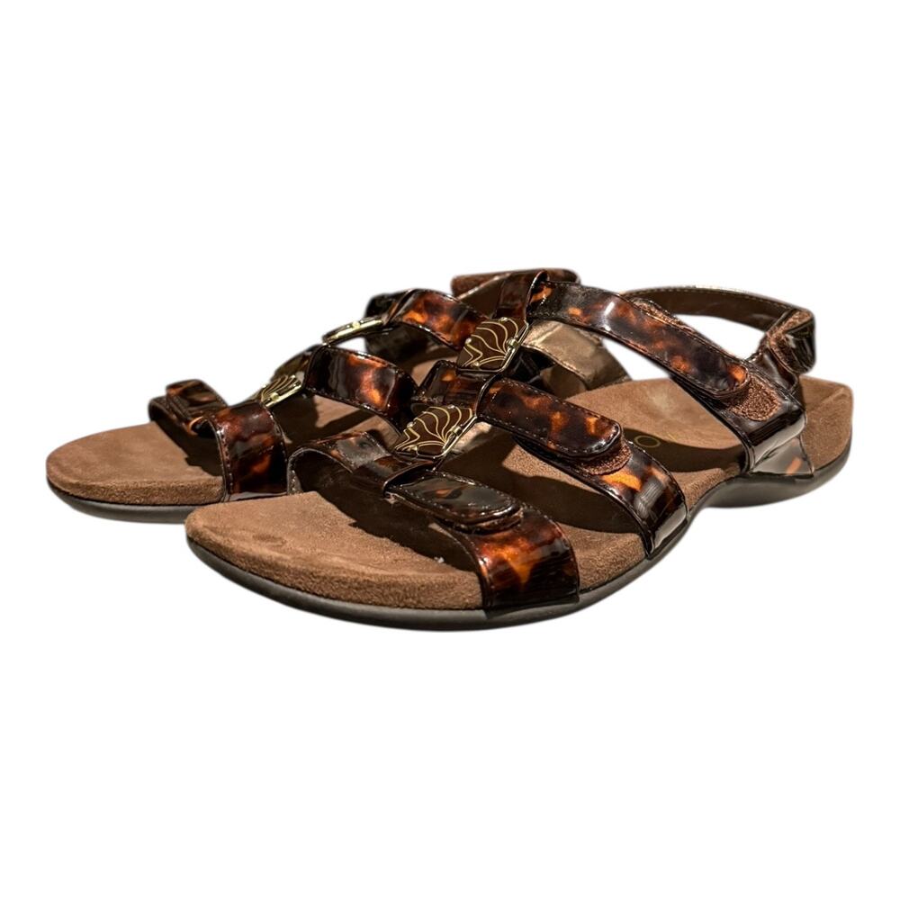 Vionic Amber Sandal Shoe US Size 6 Strappy Brown Gold Patent Leather TVW1275